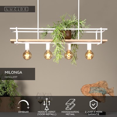 Lucide MILONGA - Hanglamp - 4xE27 - Wit